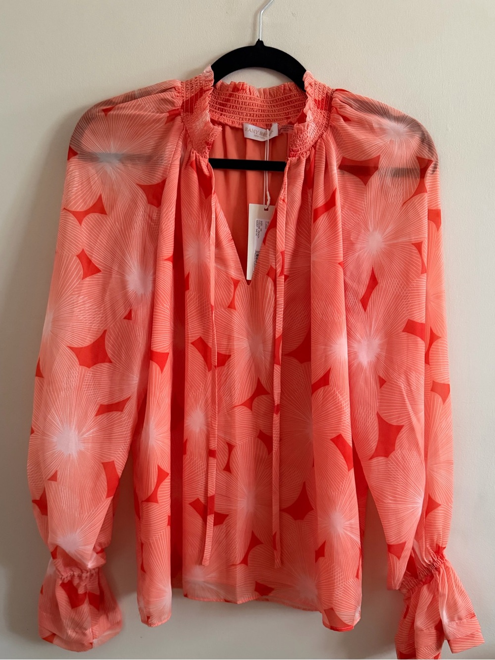 New! Ramy Brook Coral & Red Printed Tie-Neck Blouse